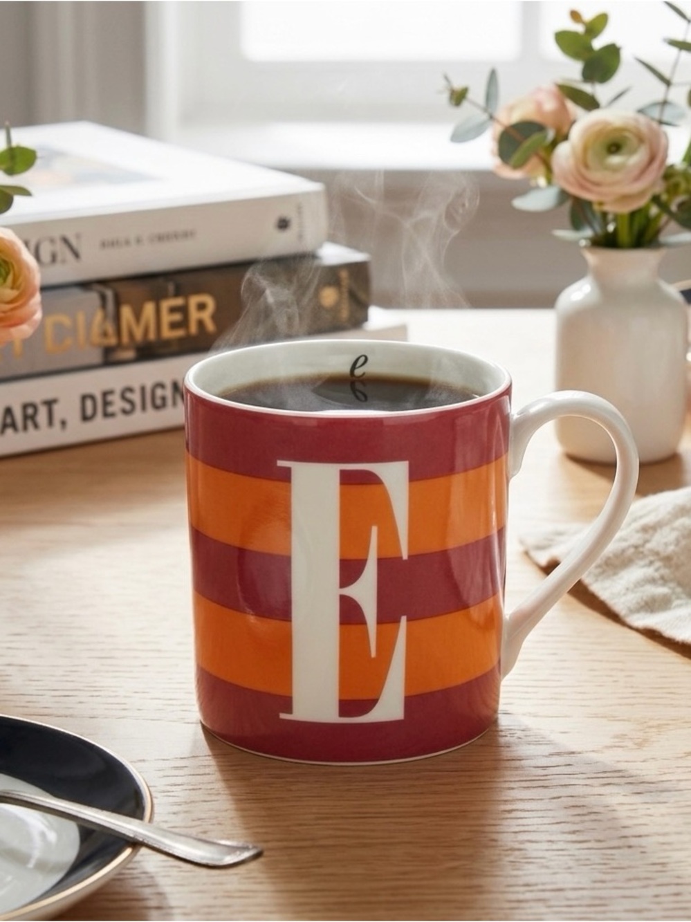 kate spade ‘E’ Initial Wickford Red Letter Day Colorful Striped Mug Orange Pink